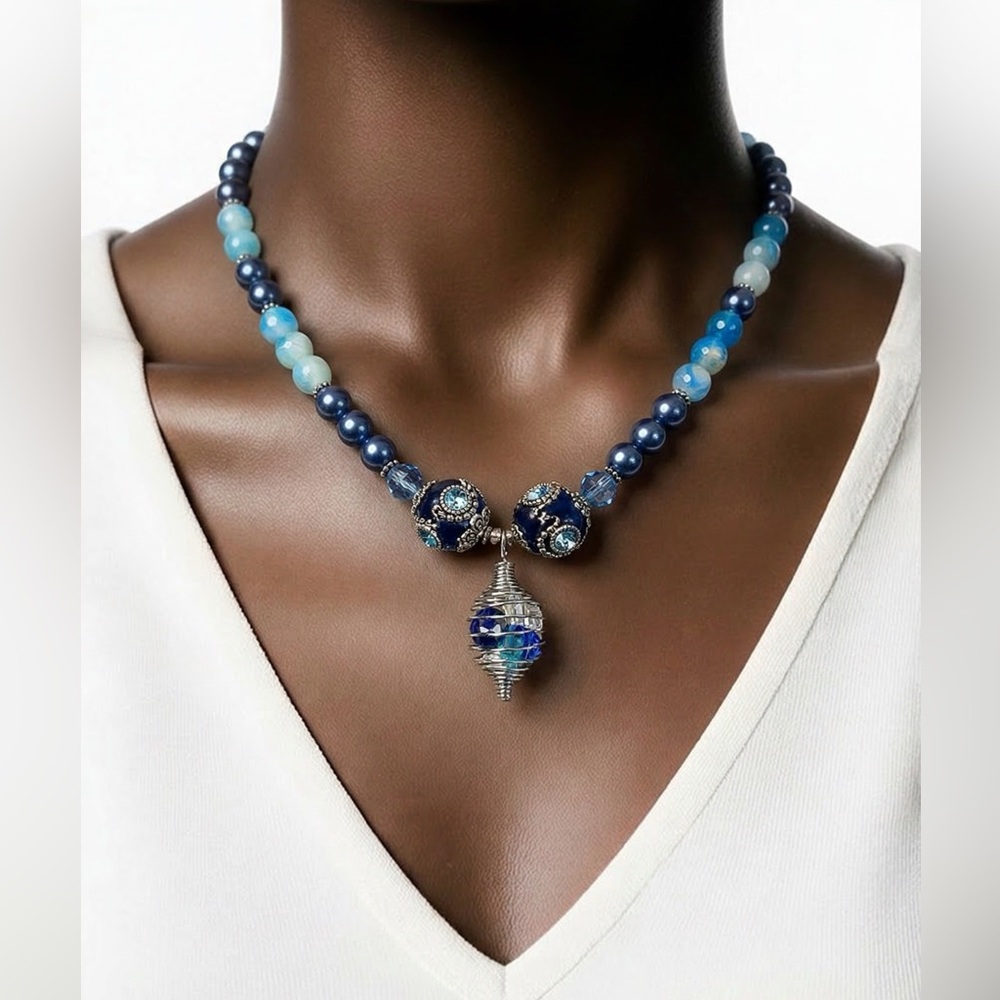 Boho pendant necklace glass beads beaded chains. Blue and silver